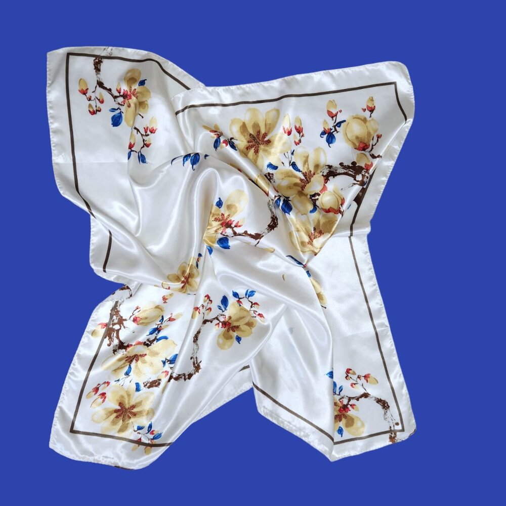 Silky Feel Scarf White w/ Yellow and Blue Blossom Print - About 36 inches Square